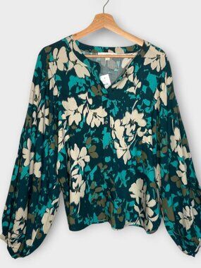 LOFT Button Up Peasant Blouse L Balloon Sleeves Teal Green Floral Officecore NEW